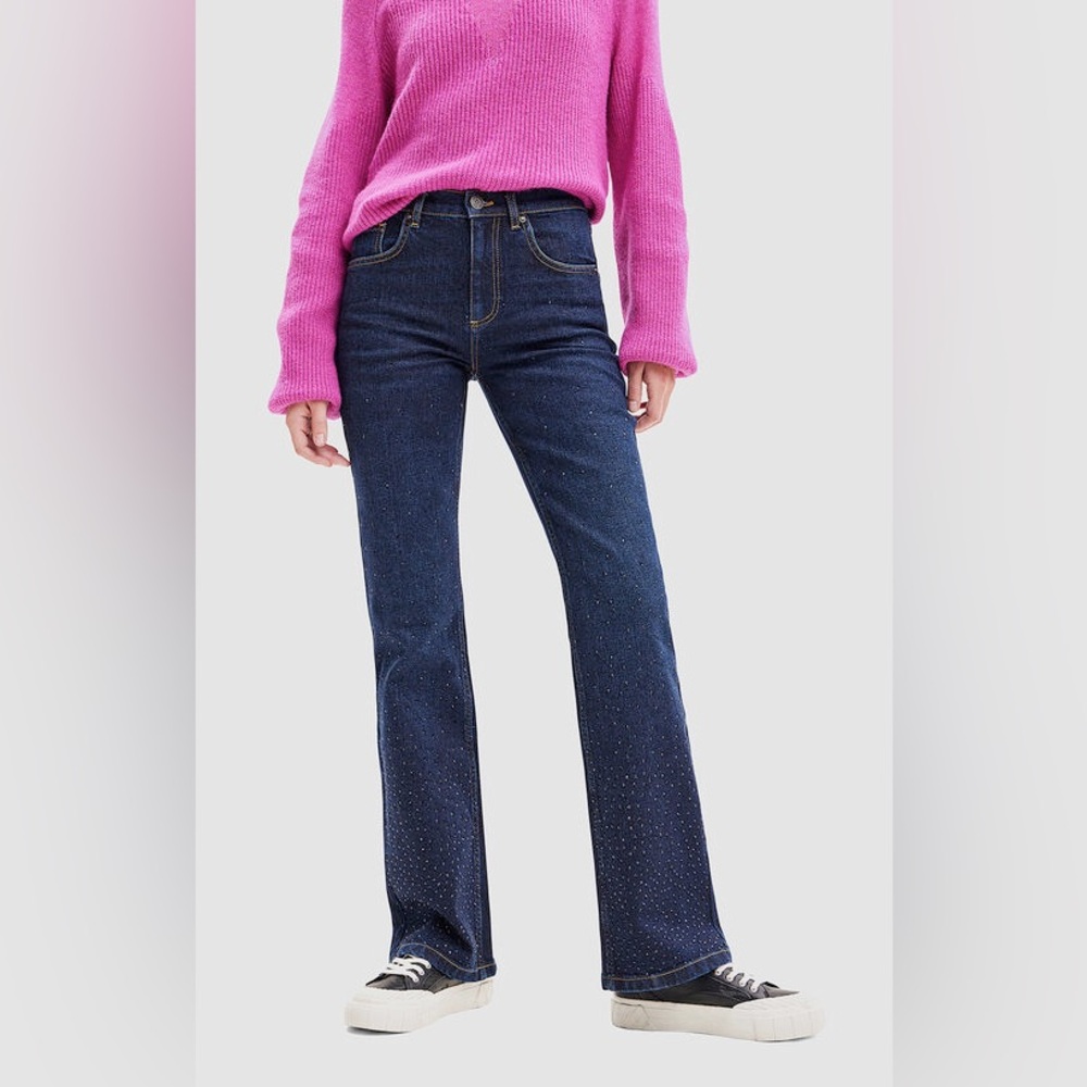 NEW Desigual‎ Rhinestone Flare Jeans Dark Blue Wash 38 US 6